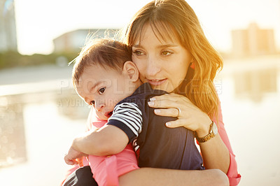 Buy stock photo Beach, hug and mother with boy, love and bonding together with happiness, travel and tourism. Adventure, ocean and family with parent, mama and child with summer holiday, vacation and embrace