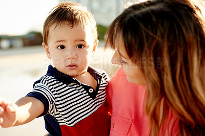 Buy stock photo Happy, family and mother with child at beach for bonding, relationship and relax in nature. Ocean, portrait and parent with boy for holiday, vacation and weekend for support and adventure on trip