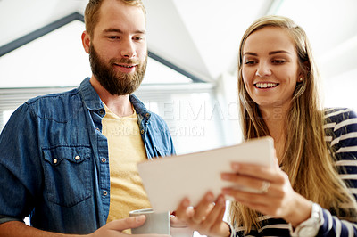 Buy stock photo Business people, team and meeting with tablet for discussion, social media marketing or feedback. Tech, smile or collaboration in creative startup for planning campaign, review or reading in office