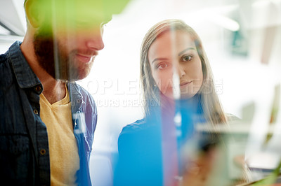 Buy stock photo Creative, business people or thinking with schedule planning in office for agenda, tasks or project. Businessman, woman or colleagues with glass board for company strategy or brainstorming together