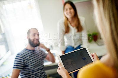 Buy stock photo Hands, business people and tablet screen with team, spreadsheet or venue cost. Happy group, tech and meeting for discussion, finance and budget planning with event coordinator in creative office