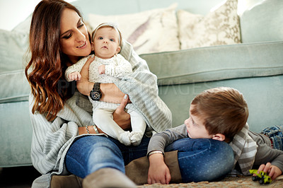 Buy stock photo Mom, baby and relax with kid in living room for bonding, love or child development. Single parent, son and mother on floor in home with comfort, trust and toys for weekend break and relationship