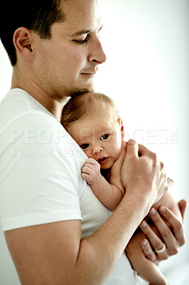 Buy stock photo Bonding, sweet and father holding baby in home for love, family time and cute moment together. Connection, child and dad with newborn kid for care, support or affection in parenthood at house.