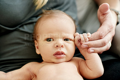 Buy stock photo Baby, mother and finger in hand for bonding, portrait and newborn with love, moment and care. Peace, calm and relationship growth for family, infant and woman for new motherhood and protection