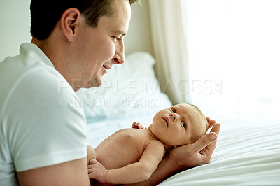 Buy stock photo Bonding, cute and dad holding baby in home for love, family time and sweet moment together. Connection, child and father with newborn kid for care, support or affection in parenthood at house.