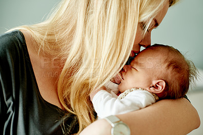 Buy stock photo Baby, mom and forehead kiss for bonding, nap or newborn with love, moment and care. Peace, calm and relationship growth for family, sleepy infant in arms or woman for new motherhood with safety