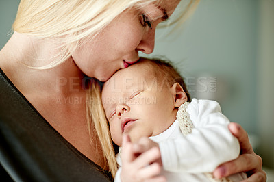Buy stock photo Mother, kiss and baby in home with affection, bonding nap or relationship growth for love of family. Woman, infant or sleeping newborn with hug in house, moment or care with new mom for motherhood