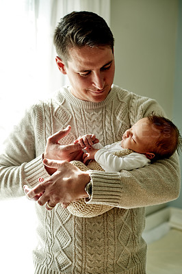 Buy stock photo Home, dad and bonding with baby, care or first time parent with love for newborn, protection or safe. Sleeping, infant and man with child in nursery, security and father with affection and childcare