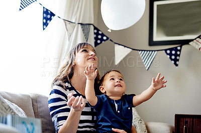 Buy stock photo Birthday party, mother and boy with balloons, home and celebration with happiness, event and family. Apartment, parent and mama with son, decorations and love with care, bonding together and smile