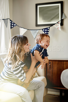 Buy stock photo Birthday party, funny and mother with boy, home and celebration with happiness, humor and family. Apartment, parent and mama with son, event and love with smile, bonding together and laughing