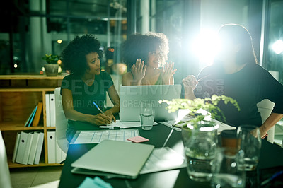 Buy stock photo Night, group and women with laptop, office or collaboration for marketing strategy or communication. Working late, colleagues and people with tech for deadline, ad campaign and flare in business