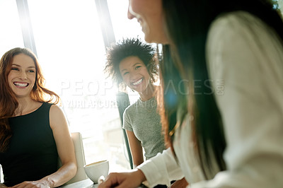 Buy stock photo Women, planning and smile in discussion for conversation, workshop and news in office for business. Partnership, employee and teamwork for meeting, idea and strategy with coffee for consulting agency