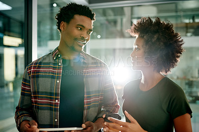 Buy stock photo Night, woman and man with tablet, office or collaboration for design on website, planning or online. Graphic designer, flare or people with tech for brand identity, colleagues or creative for project
