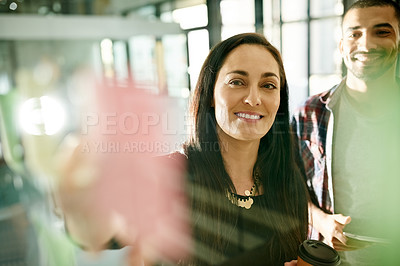 Buy stock photo Teamwork, scrum and sticky note with business people in office for meeting, campaign progress and research. Planning, moodboard and project review with employees agency for schedule and feedback