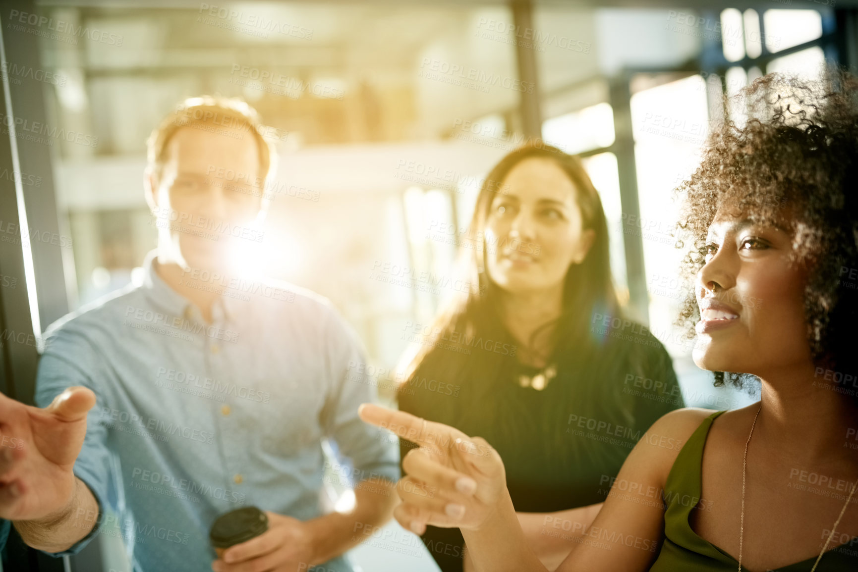 Buy stock photo Meeting, scrum and pointing with business people in office for teamwork, campaign progress and research. Planning, moodboard and project review with employees in agency for schedule and lens flare