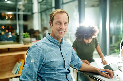 Buy stock photo Business, happy or man in office with team, meeting or confident for night collaboration. Smile, employee or people in board room with portrait, overtime planning or strategy for company project.