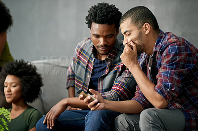 Buy stock photo Phone, startup and business men in office for website review, online notification and social networking. Creative agency, team and people on cellphone for internet, reading email and connection