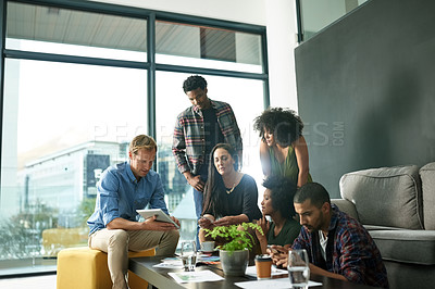 Buy stock photo Meeting, people and team with tablet, office and review of layout on website, creative and planning. UI designer, online and group with tech for design project, collaboration and ideas with research