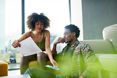 Buy stock photo Documents, color palette and business people in office with planning for creative project together. Discussion, teamwork and magazine editors with research for design of publishing in workplace.