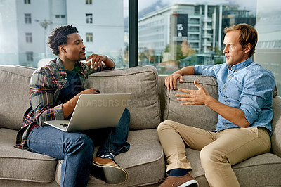 Buy stock photo Talking, men and teamwork with laptop, office and planning for design project, creative and meeting. UI designer, collaboration and people with tech for assignment, ideas and discussion with research