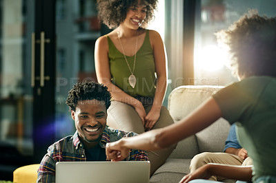 Buy stock photo Teamwork, meeting and laptop with business people in office for planning, marketing director and consulting. Online review, campaign feedback and research with employees in media agency for flare