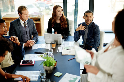 Buy stock photo Speaker, discussion and meeting with business people in office for stakeholder, project proposal and planning. Presentation, research and collaboration with employees in agency for profit report
