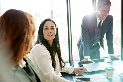 Buy stock photo Planning, meeting and idea with business woman in office for discussion, collaboration and account manager. Portfolio review, teamwork and communication with employees in agency for wealth advisor
