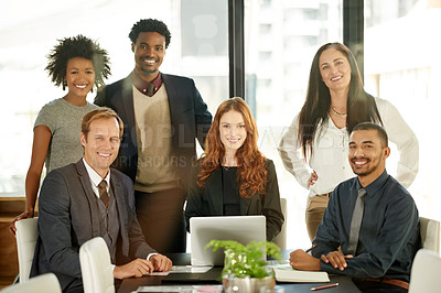 Buy stock photo Happy, portrait or business people with laptop in conference room for company growth or development. Group, employees or colleagues with smile on computer in boardroom for team project or about us