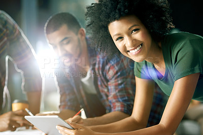 Buy stock photo Office, portrait and coworkers with tablet, teamwork or online for deadline, man and woman at night. Working late, colleagues and journalist with tech for story, flare and publication of article