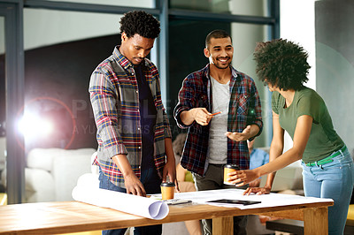 Buy stock photo Meeting, teamwork and architects in office with planning for creative project in collaboration. Discussion, bokeh and group of building designers with conversation for city development in workplace.