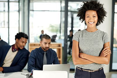 Buy stock photo Woman, arms crossed and portrait at meeting in office, happy and risk management team at corporate agency. Person, broker and consultant career with job, smile and boardroom at insurance company