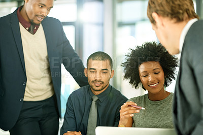 Buy stock photo Woman, lawyer and team with laptop at meeting, talk and happy with review, proposal or legal services. People, group and smile with computer, discussion and problem solving at corporate law firm