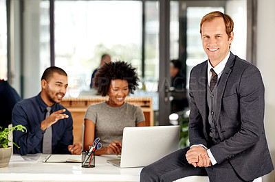Buy stock photo Portrait, leader and man with ambition, office and smile for career growth, accountant and employee. People, together and bookkeeper with positive mindset, happy or confident for business development