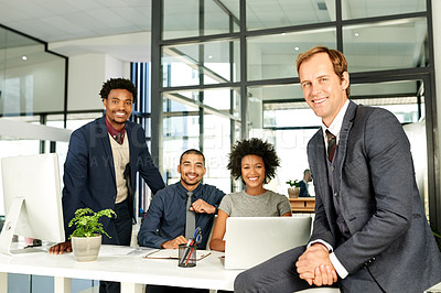 Buy stock photo Portrait, leadership and man with group, office and marketing coordinator with ambition for project. People, together and confident in meeting, discussion and happy for campaign or plan in business