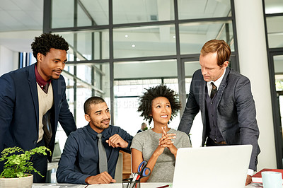 Buy stock photo Meeting, office and business people on laptop for online feedback, profit review and budget planning. Teamwork, company and woman with men on computer for proposal, strategy and finance report