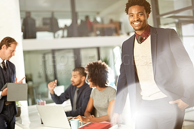 Buy stock photo Meeting, portrait and man with smile, office or ambition for career development, flare or corporate. Happy, account manager and confident for investment opportunity, employee and people with tech