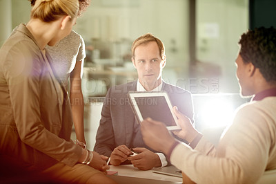 Buy stock photo Man, lawyer and tablet with group, meeting and discussion with review, blank screen and insight at office. People, attorney and team with planning, feedback or collaboration with app at law firm