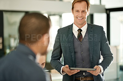 Buy stock photo Man, meeting and tablet with team at office, discussion or presentation for review at insurance agency. Person, speaker and tech in boardroom for feedback, app and talk for risk management at company