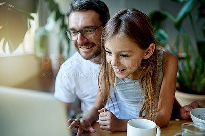 Buy stock photo Laptop, smile and father with daughter in home for streaming service, support and cartoon. Bonding, movie subscription and connection with man and child in family house for online games and love