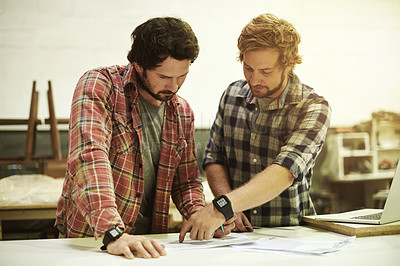 Buy stock photo Furniture, workshop and men with blueprint for woodwork, restoration and carpenter teamwork. Construction, factory and contractor in discussion for meeting with timber, lumber or manufacturing
