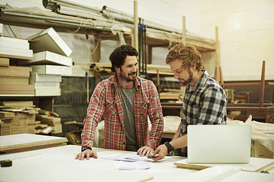 Buy stock photo Carpentry, workshop and men with blueprint for woodwork, furniture restoration and teamwork. DIY project, factory and contractor advice in discussion for meeting with timber, lumber or manufacturing