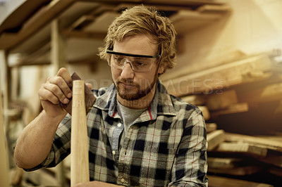 Buy stock photo Woodwork, sanding and man in workshop for manufacturing, carpentry or production process. Small business, building and creative carpenter in warehouse for craft, industrial trade and manual labor