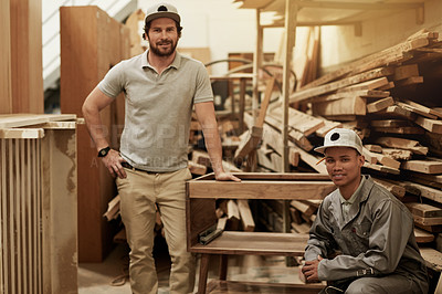 Buy stock photo Furniture, woodwork and team with portrait of men in warehouse for carpenter, manufacturing or artisan project. Partnership, joinery studio and craftsman production with people for frame assembly