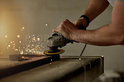 Buy stock photo Welding, metal work and hands with grinder in workshop, manual labor and sparks for material transformation. Space, fabrication and person with power tool for repair, production and smooth steel.