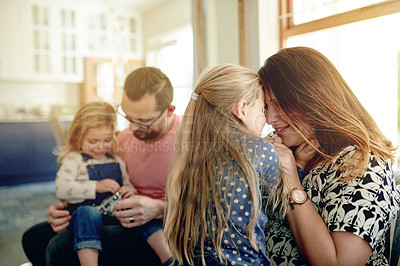 Buy stock photo Love, family time and parents with kids in living room for bonding, relax together and cozy weekend morning. Trust, caring man and woman with children in home for support, happiness and relationship 