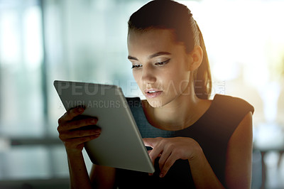 Buy stock photo Review, tablet and woman in startup for reading online campaign, project draft or article. Notification, agency or female social media analyst in office for business blog, trends and post research