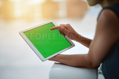 Buy stock photo Green screen, tablet and hands of business woman in office for app mockup, space and browse. Online research, social media and scroll for web schedule, article or internet information for project