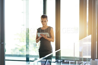 Buy stock photo Post, review or woman on tablet in lobby for reading online campaign, project draft or report. Notification, account and social media analyst in office for business blog, trends and startup research