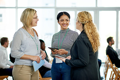 Buy stock photo Business people, meeting and convention with tablet for expo, conversation or discussion. Happy group, team or employees with smile or technology for social tradeshow or chat together in workplace