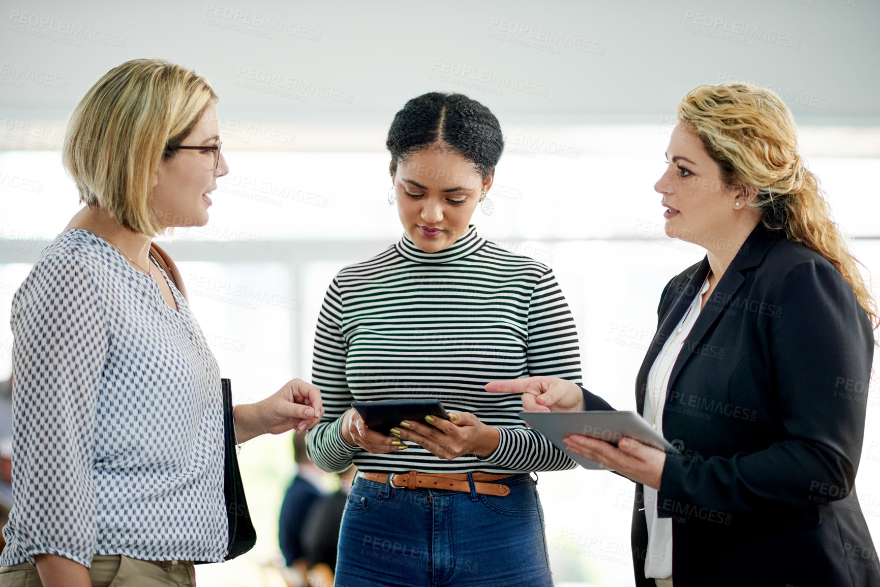 Buy stock photo Team, tablet and planning with business women in office for financial review, audit meeting and report. Budget update, treasury account and trader with employees in agency for investing profit